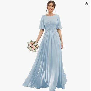 Flutter Sleeve Chiffon Bridesmaid Dress Long with Slit Scoop Neck A-Line